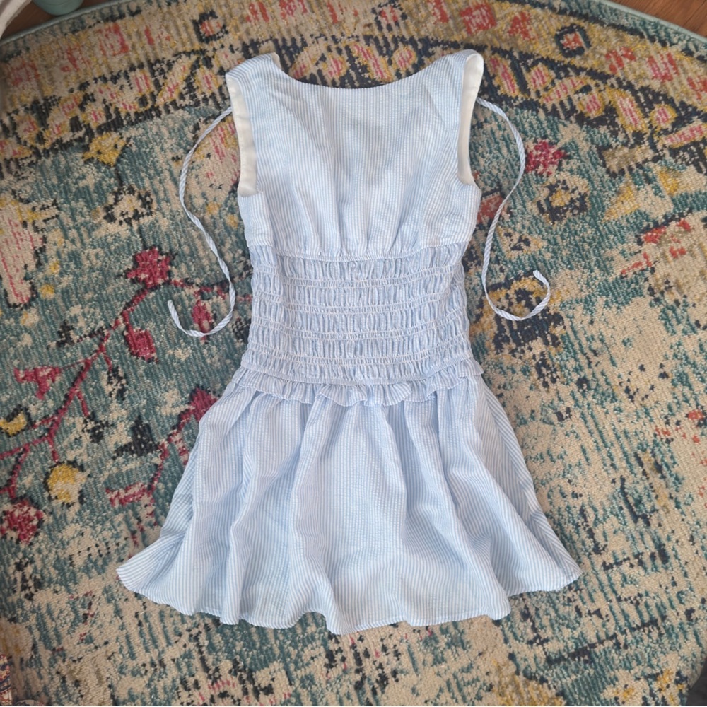 Light Blue Striped Mini Dress - Smocked Waist